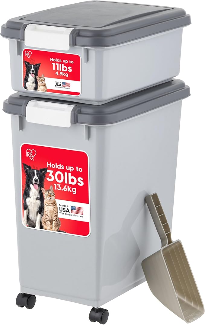 IRIS USA Dog Food Storage Container, 30 lbs & 11 lbs Combo, Cat Food Storage Container, Dog Treat Container, Airtight, Stackable, 2-Cup Scoop, Wheels, Easy Mobility, Gray