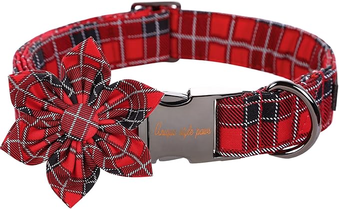 Unique style paws Christmas Dog Collar with Flower Tie Red Black Grid Cotton Collar Adjustable Puppy Plaid Collar for Small Medium Large Dogs-L