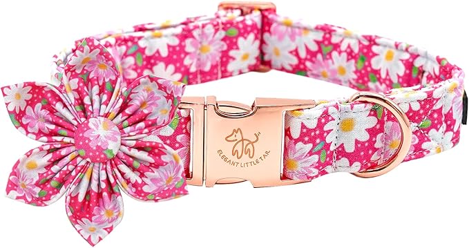 Elegant Little Tail Girl Dog Collar with Flowers - Pink Floral Pattern, Adjustable for Medium Dogs
