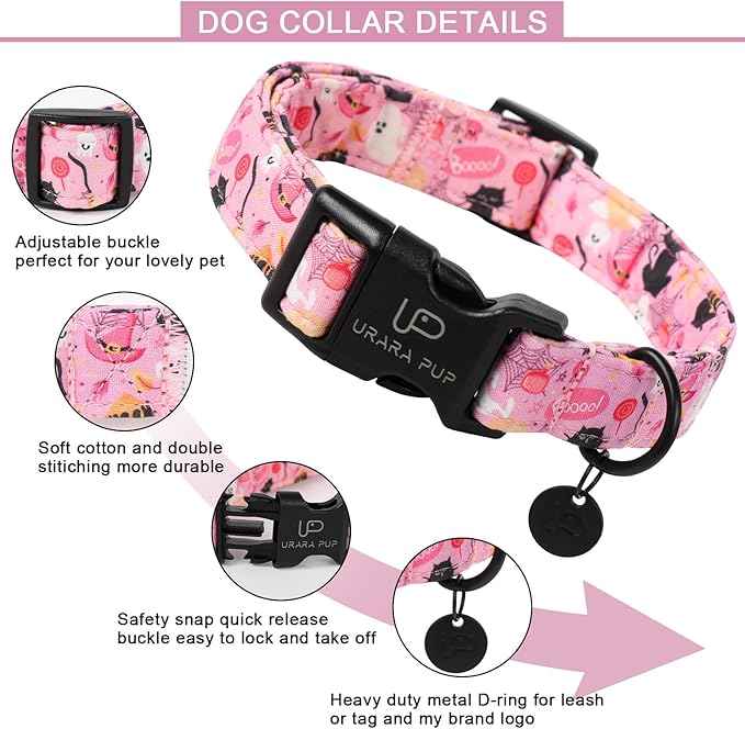 Halloween Dog Collar, Autumn Cotton Collar for Boys or Girls Dogs, Cute Pink Comfortable Pet Collar with Lightweight & Adjustable Plastic Buckle,Suitable for Small,Large Dogs