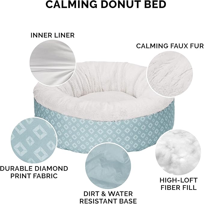 Furhaven 23" Round Donut Dog Bed for Indoor Cats & Small Dogs, Washable, For Dogs Up to 20 lbs - Plush & Diamond Print Donut Bed - Aqua, Small