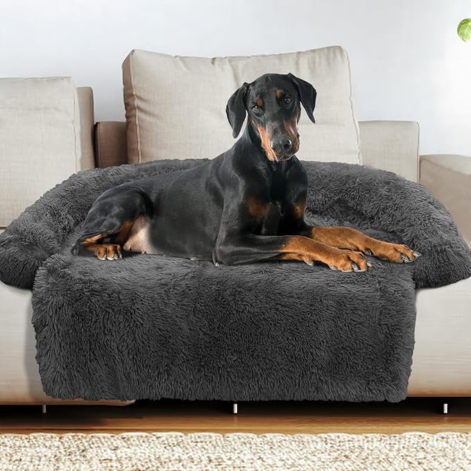 Calming Dog Bed Fluffy Plush Dog Mat for Furniture Protector with Removable Washable Cover for Large Medium Small Dogs and Cats (Extra Extra Large, Dark Grey)