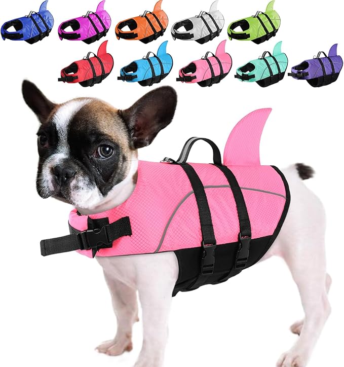 Queenmore Small Dog Life Jacket,Shark Dog Life Vest for Swimming,Puppy Light Life Preserver for Boating Kayaking Canoeing,Pet Reflective Lifesaver with High Buoyancy,Rescue Handle,Leash Hook (Pink,S)