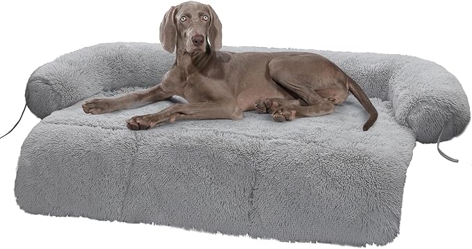 Calming Dog Bed for Large Sized Dog, Dog Couch Cover Washable- Fluffy Plush Dog Mat for Furniture Protector for Dogs Up to 100 Lbs, Light Grey