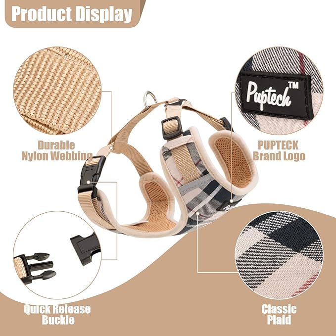 PUPTECK Dog Harness and Leash Collar Set for Small Medium Dogs Puppy and Cats Walking No Pull Adjustable Reflective Soft Mesh Padded Plaid Harnesses Pet Accessories, Beige, L