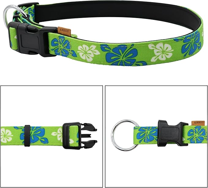 Dog Collar, Cute Floral Pattern, Neoprene Padded and Adjustable Collar with Quick Release Buckle, Reinforced Structure (L (Neck 18-28", Width 1"), Hawaiian Green)