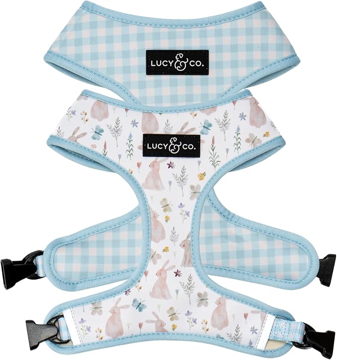Lucy & Co. Cute Reversible Dog Harness Walking Halter - Best Designer Pet Harnesses for XS - XL Dogs - Padded Adjustable Vest for Easy Walking (Small, Hippity Hoppity - Light Blue with Bunnies)