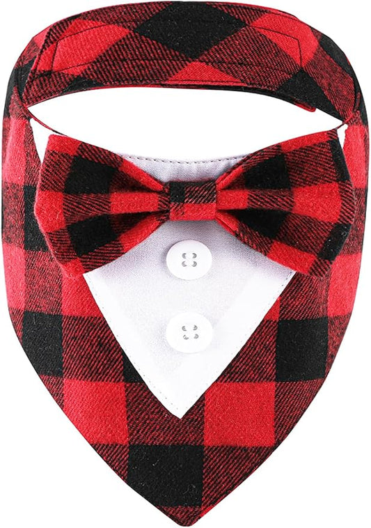 Adjustable Red Plaid Christmas Dog Tuxedo Bandana with Bow Tie - Holiday Pet Outfit Costume for Dogs XS to XL