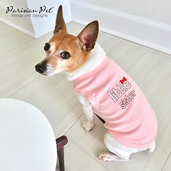 Parisian Pet Dog T-Shirt with Embroidered ' Little Sister ' - Breathable Pink Dog Shirt - Sleeveless Pet Vest - Machine Washable Dog Shirts for Small Dogs - Dog Clothes - S