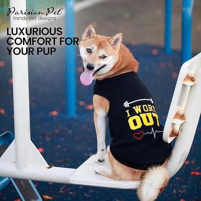 Parisian Pet Dog Tshirt - Embroidered “ I Work Out “ Dogs Apparel - 100% Cotton and Lightweight Dog Clothes - Sleeveless Black Doggy Tee Shirts - Machine Washable Shirts for Medium Dogs - Pet Vest - M