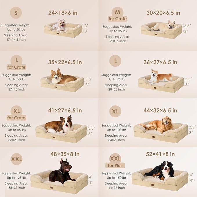 EHEYCIGA Orthopedic Dog Beds for Extra Large Dogs, Waterproof Memory Foam XXL Dog Bed with Sides, Non-Slip Bottom and Egg-Crate Foam Big Pet Couch Bed with Washable Removable Cover, Greige