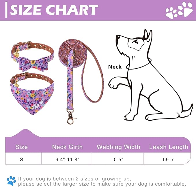 EXPAWLORER Puppy Collar and Leash Set - Embroidery Floral Dog Collar and Dog Leash Set, Cute Flower Bow Tie and Bandana Dog Collar with Bell, Collar and Leash for Dogs Cats Outdoor Walking, Purple S