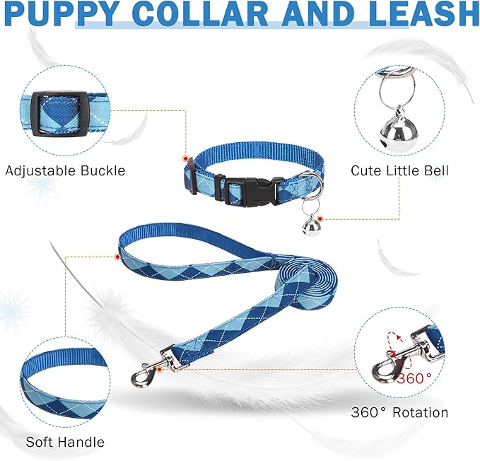 SCENEREAL Dog Harness Collar and Leash Set, Step-in No Pull Pet Vest Harnesses for Small Medium Dogs Puppy Cats, Soft Mesh No-Chock Reflective Vest Harness for Outdoor Walking Running, Blue Plaid M