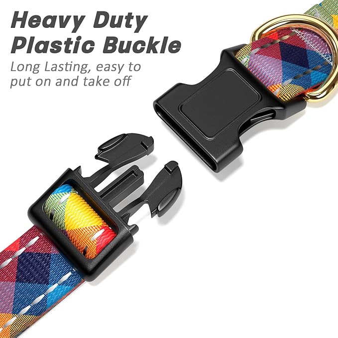Reflective Dog Collar for Medium Dogs, Cute Boho Adjustable Heavy-Duty Nylon Puppy Collar for Boy and Girl Female, Soft Pet Accessories with Quick Release Buckle, Colorful Tartan