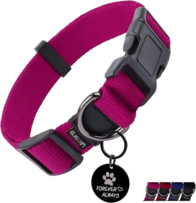 Cotton Soft Dog Collar, Quick Release Dog Collar with Buckle, Heavy-Duty Adjustable Pet Collar for XS Small Medium Large Dog, Colorfast Dog Collars with Removable Tag(L, Rose Red)