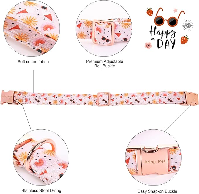 ARING PET Summer Dog Collar-Adorable Dog Collar with Bow, Adjustable Cotton Sun Bowtie Dog Collars Pet Collars with Metal Buckle