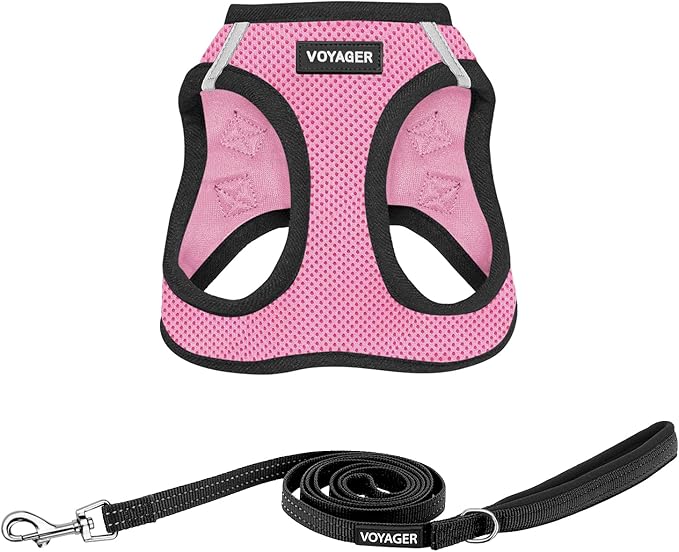 Voyager Step-in Air All Weather Mesh Harness and Reflective Dog 5 ft Leash Combo with Neoprene Handle, for Small, Medium and Large Breed Puppies by Best Pet Supplies - Pink Base, L