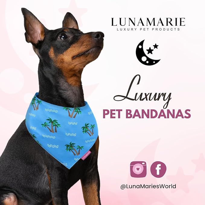Luxury Pet Birthday Bandanas -Premium & Silky Poly Fabric | 100% Handmade | Custom Shape Dual Layered (Playa Azul, Large)