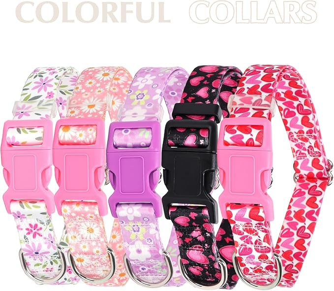 Dog Collar for Large Dogs with Love Heart Patterns for Girl & Boy Dogs, Pink Dog Collar Adjustable Heavy Duty Nylon Collar with Quick-Release Buckle, for Wedding, Valentine's Day, Birthday (L)