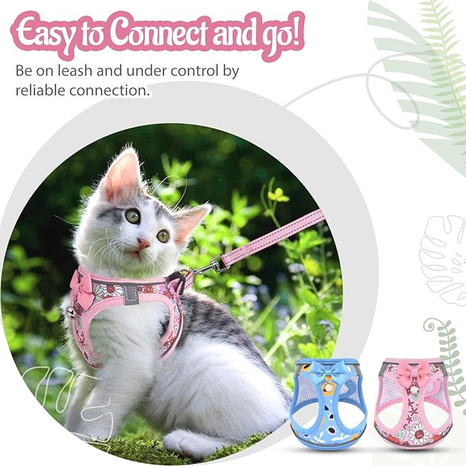 Cat Harness and Leash Escape Proof for Walking, Adjustable Soft Kitten Harness with Reflective Straps Step in Cat Vest Harness for Small Kitten and XS Dogs (Pink, L-Chest(15.7"-16.3"))