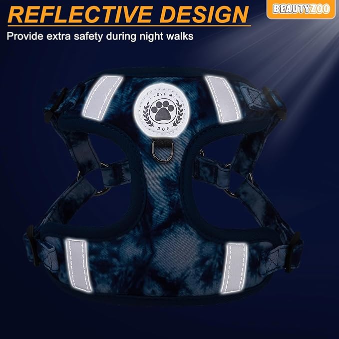 BEAUTYZOO Dog Harness Collar and Leash Set, No Pull Step in Pet Harness for Small Sized Dogs, Adjustable No Escape Puppy Vest Harnesses Outdoor Walking Running, Soft Reflective Vest, Dark Blue S