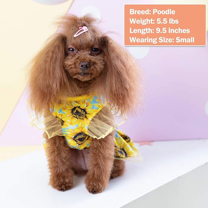 KYEESE Dog Dress for Medium Dogs Sunflower Dogs Sundress Tulle with Ruffle Sleeves Dog Apparel