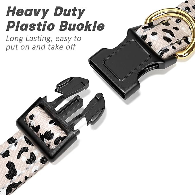Reflective Dog Collar for Small Dogs, Cute Leopard Style Adjustable Heavy-Duty Nylon Puppy Collar for Boy and Girl Female, Soft Pet Accessories with Quick Release Buckle, Beige