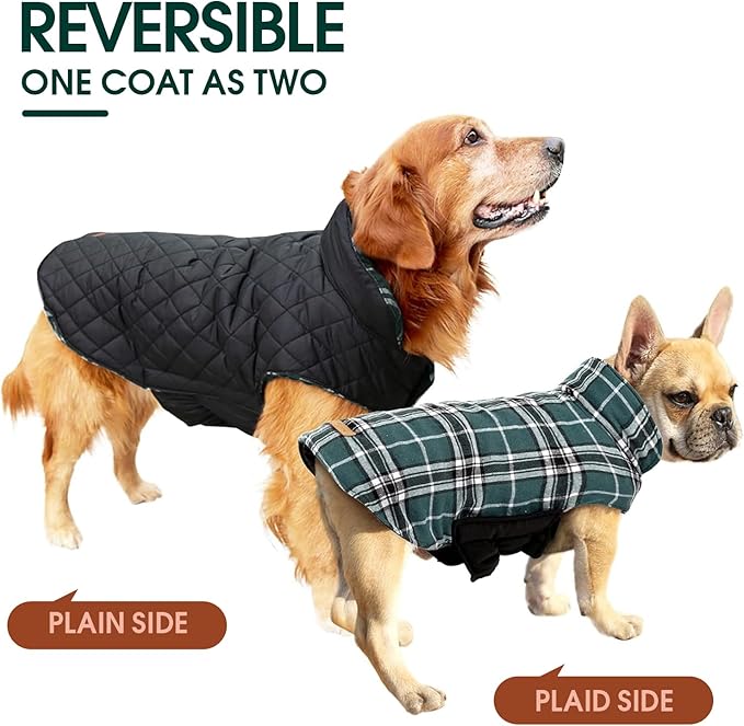Kuoser Waterproof Dog Coat, Reversible Dog Jacket for Large Dogs, Adjustable Durable Doggie Winter Coat for Groowing Puppies Warm Puppy Cold Weather Apparel, Green L