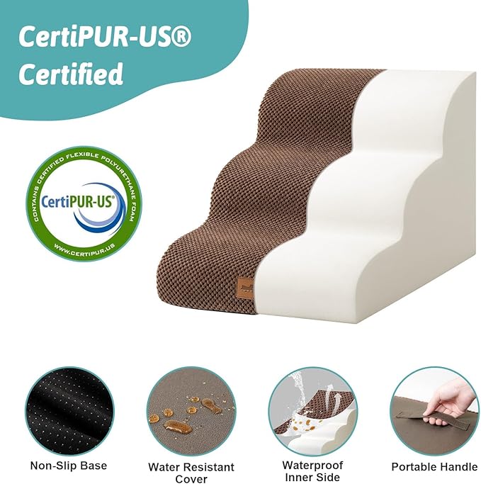 Dog Stairs for Small Dogs 15.7" H, Curved Dog Step for Puppy, Older Cat, Medium Pet Ramp for Sofa, Couch or Bed, Ladder with High Density Foam, 15.7x22.4x15.7 inch, 3 Step, Brown