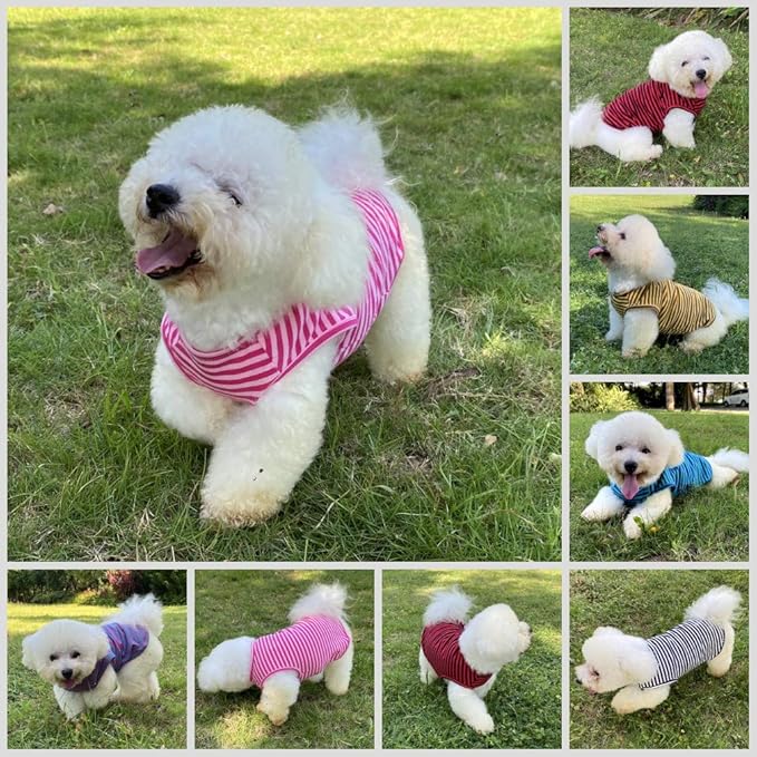 Dog Shirts Cotton Striped T-Shirts, Breathable Basic Vest for Puppy and Cat, Super Soft Stretchable Doggy Tee Tank Top Sleeveless, Fashion & Cute Color for Boys and Girls (M, Pink+Green)