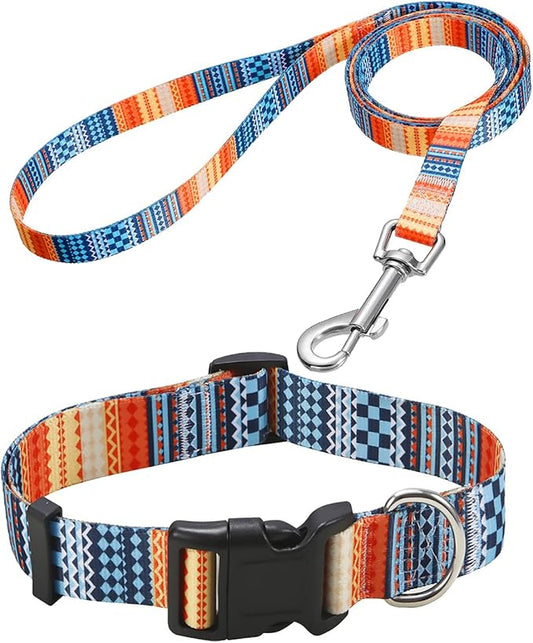 Dog Collar and Leash Set with Bohemia Floral Tribal Geometric Patterns - Soft Ethnic Style Collar Adjustable for Small Medium Large Dogs(Bohemian Orange Set,XS)