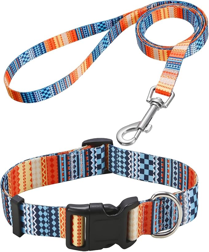 Dog Collar and Leash Set with Bohemia Floral Tribal Geometric Patterns - Soft Ethnic Style Collar Adjustable for Small Medium Large Dogs(Bohemian Orange Set,M)