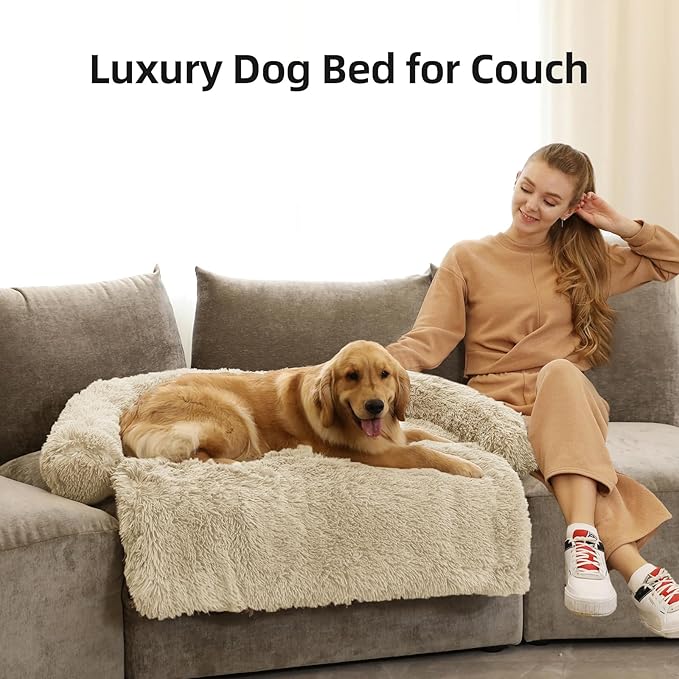Calming Dog Bed Fluffy Plush Dog Mat for Furniture Protector with Removable Washable Cover for Large Medium Small Dogs and Cats (Large, Beige)