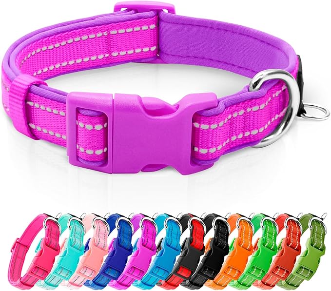 azuza Reflective Dog Collar,Soft Neoprene Padded Pet Collar with ID Tag Ring,Adjustable for Large Dogs,Purple,L