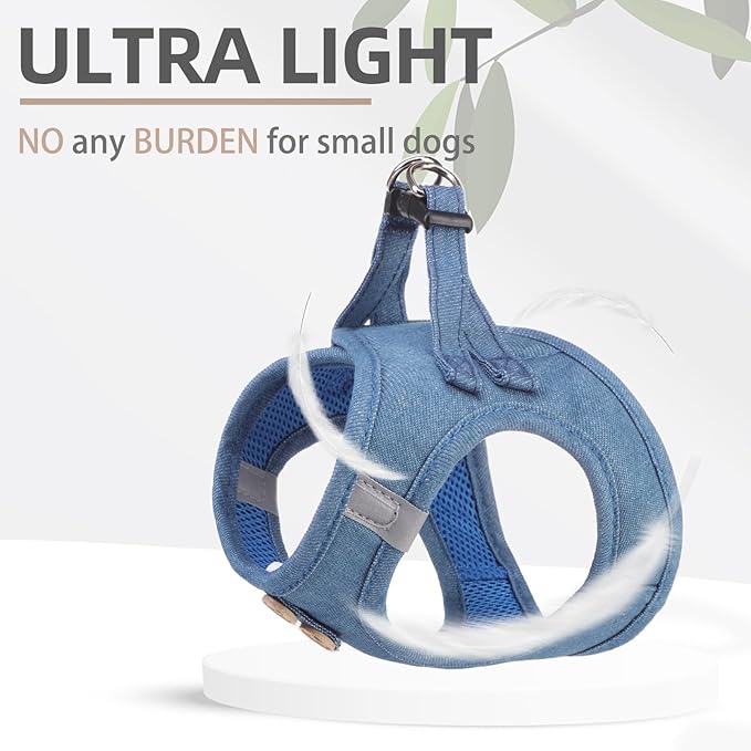 PUPTECK Dog Harness and Leash Set for Small Medium Dogs No Pull Step-in Soft Mesh Puppy Cat Vest Harnesses Reflective at Night, Denim Steelblue M