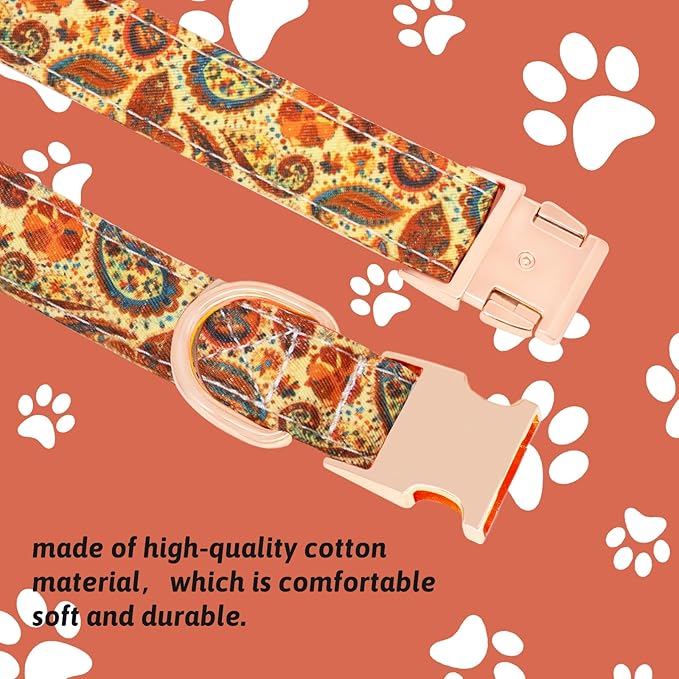 Dog Collar and Leash Set Girls Adjustable Puppy Collars with Floral Bow Tie for Small Medium Large Female Dogs, Orange Paisley, S