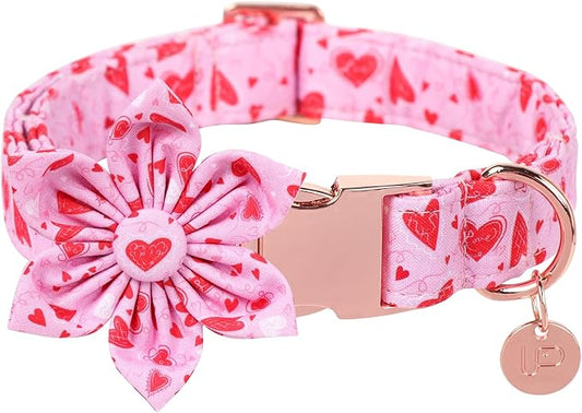 Valentine Dog Collar with Flower, Heart Flower Collar for Puppy Girl Boy Dog or Cat, Comfortable Dog Collar Flower with Durable Metal Buckle, Cute Pet Collar, M