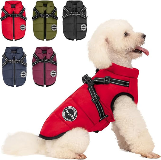Dog Winter Coat, Warm Dog Jacket Reflective Adjustable Dog Fleece Vest with Harness Built in, Waterproof Windproof Dog Snow Jacket Snowsuit with Zipper for Small Medium Dogs, Red XS