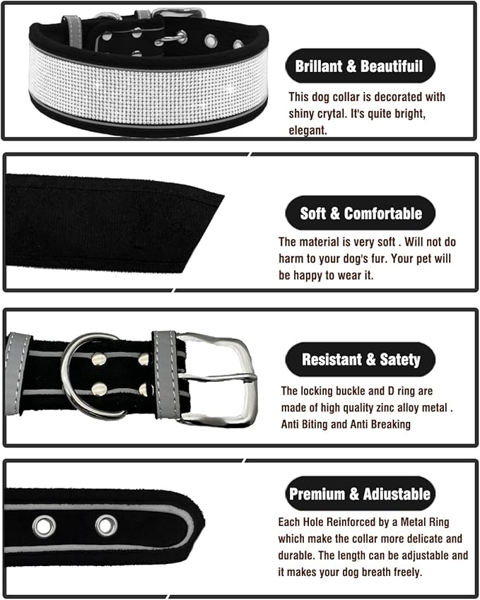 Bling Rhinestone Dog Collar Soft Comfortable Stylish Dog Collar with Bright Reflective Stripe Premium Adjustable Diamond Crystal Pet Collar for Small Medium and Large Dogs (M, Black)