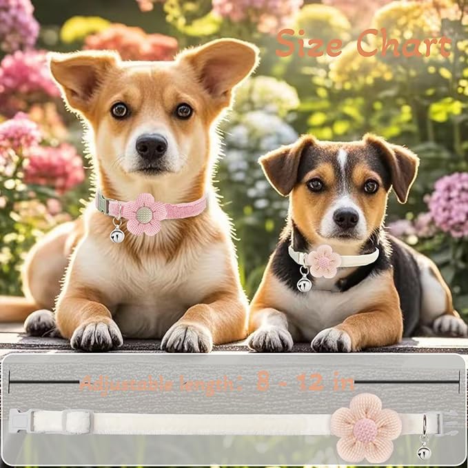 Small Dog Collar with Flower, Puppy Collars for Litter, XS Dog Collars for Small Dogs with Bell for Girl Boy Little Dog (White + Green + Blue)