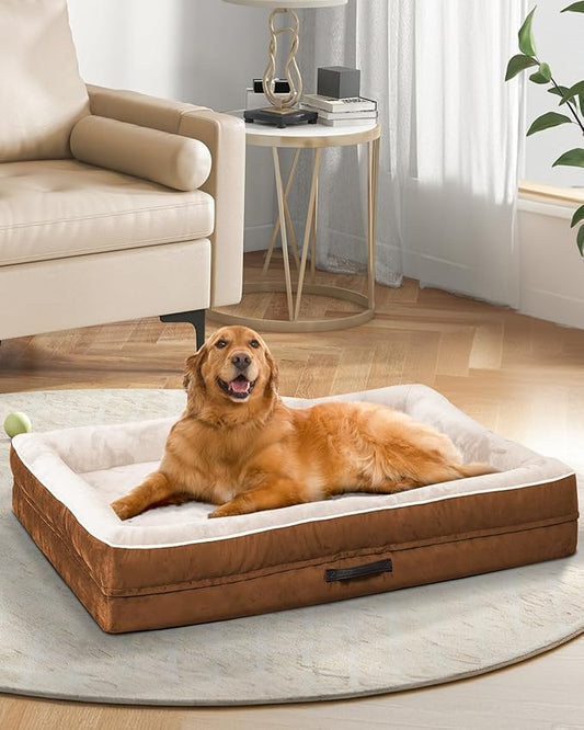 Orthopedic X-Large Dog Bed, Egg Foam Couch with Removable Washable Cover - Waterproof, Non-Slip, Four-Sided Bolster Dogs Bed, Brown