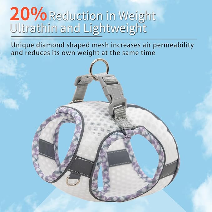 Tiny Dog Harness, All Weather Diamond Mesh, Reflective Stripes, No Pull Step in Lightweight Vest Harness for Puppy, Small Dogs and Cats White XXXS