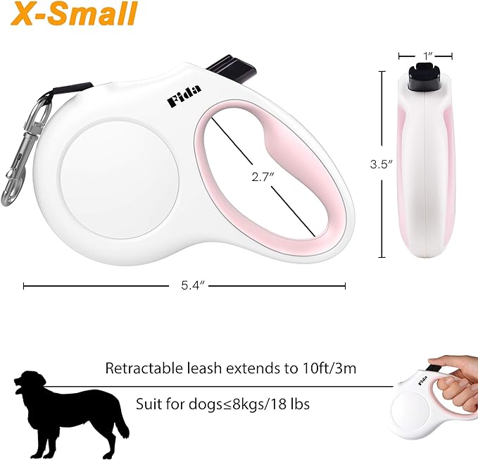 Fida Retractable Dog Leash with Dispenser and Poop Bags, 10 ft Pet Walking Leash for X-Small Dog or Cat up to 18 lbs, Anti-Slip Handle, Tangle Free, Reflective Nylon Tape (XS, White)