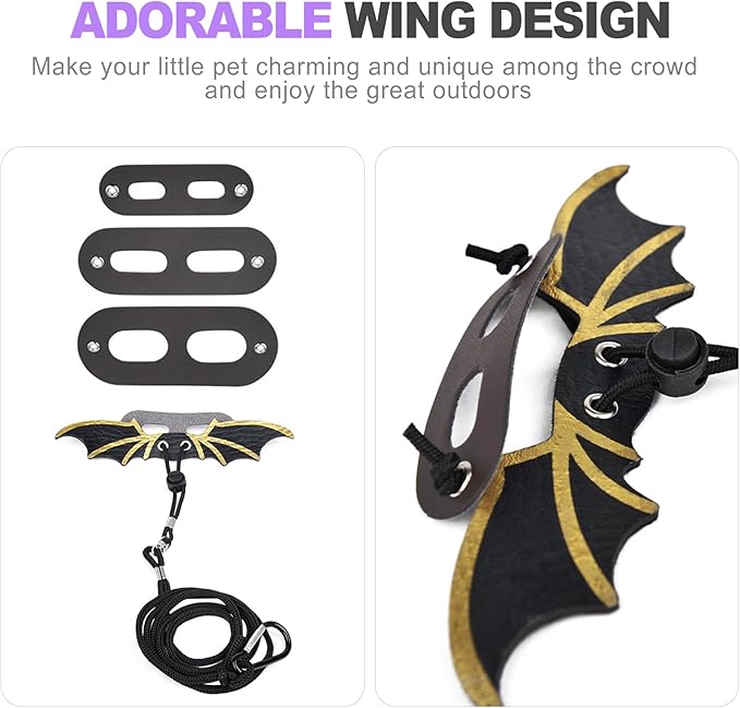 3-Size Reptile Harness & Leash Set for Bearded Dragons, Soft Leather Wing Design (Black), Detachable & Adjustable