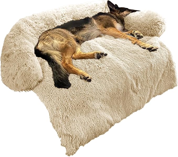 Calming Dog Bed Fluffy Plush Dog Mat for Furniture Protector with Removable Washable Cover for Large Medium Small Dogs and Cats (Large, Beige)