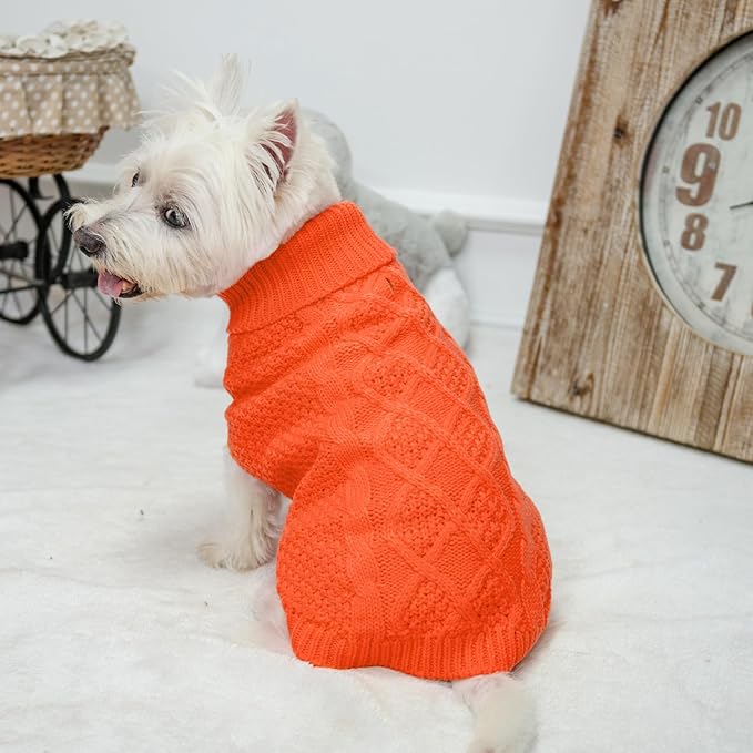 Mihachi Turtleneck Dog Sweater - Winter Coat Apparel Classic Cable Knit Clothes with Leash Hole for Cold Weather, Ideal Gift for Pet in New Year Orange Small