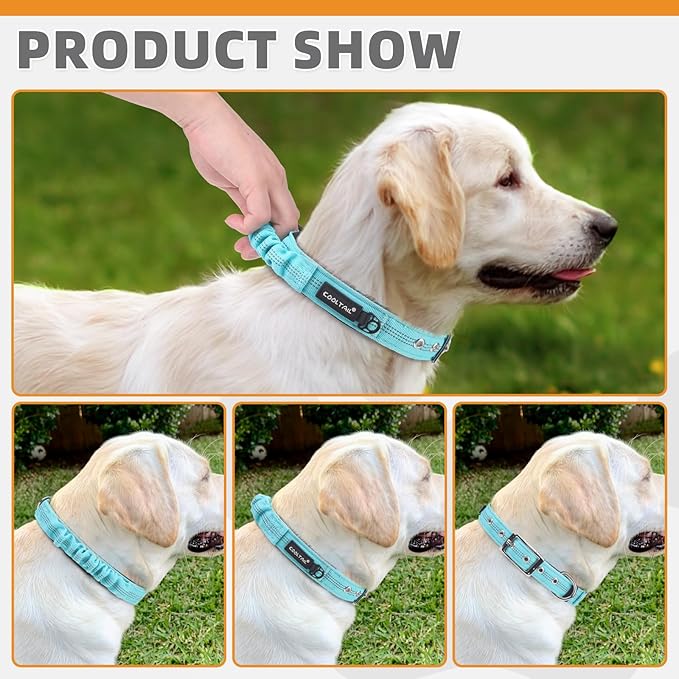 KOOLTAIL Heavy Duty Dog Collar with Handle for Large Dogs, Ballistic Nylon Collar for Training Control, Soft Padded Thick Wide Reflective Dogs Collar with Adjustable Metal Buckle for Walking, Green S