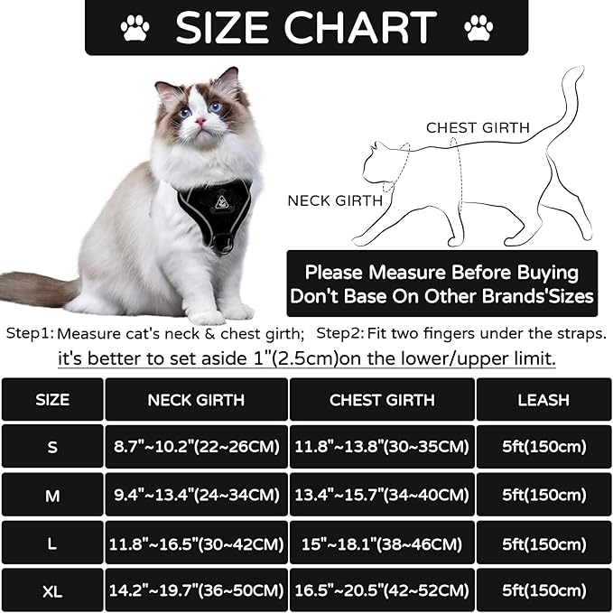 Cat Harness and Leash Set for Small Cat Kitten, Upgraded Escape Proof Adjustable Vest with Lead for Outdoor Walking, Soft Breathable Mesh Jacket with Reflective Stripes for Night(S, Black)