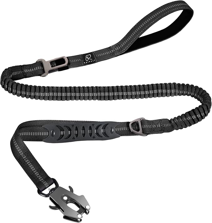 Raipult Tactical Heavy Duty Bungee Dog Leash for Medium Large Dogs That Pull, Military K9 Working Lead, 4-6FT Shock Absorbing Frog Clip Leash with Padded Traffic Handle & Car Seatbelt, Black