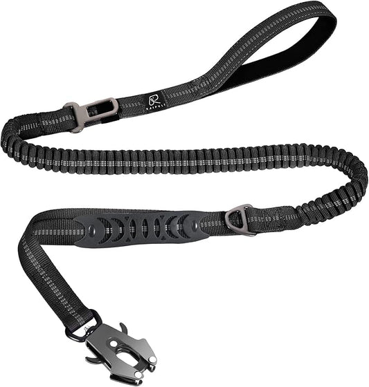 Raipult Tactical Heavy Duty Bungee Dog Leash for Medium Large Dogs That Pull, Military K9 Working Lead, 4-6FT Shock Absorbing Frog Clip Leash with Padded Traffic Handle & Car Seatbelt, Black